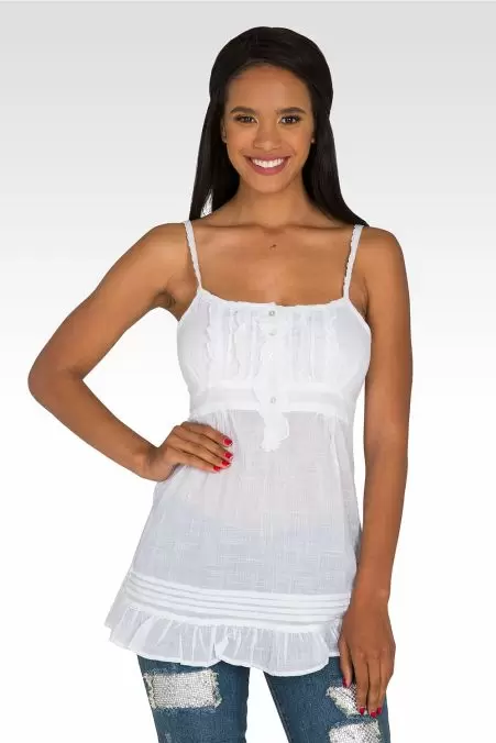 Standards & Practices Women's Mimi Tunic Camisole Tops White Cotton Poplin  Pintuck Lace Ruffle Empire Waist
