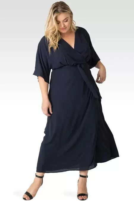 Standards & Practices Plus Size Women's Olivia Wrap Dress (Midnight w/ Kimono Sleeve & Cinched Waist Contemporary Modern Plus Size Designer Dresses Online