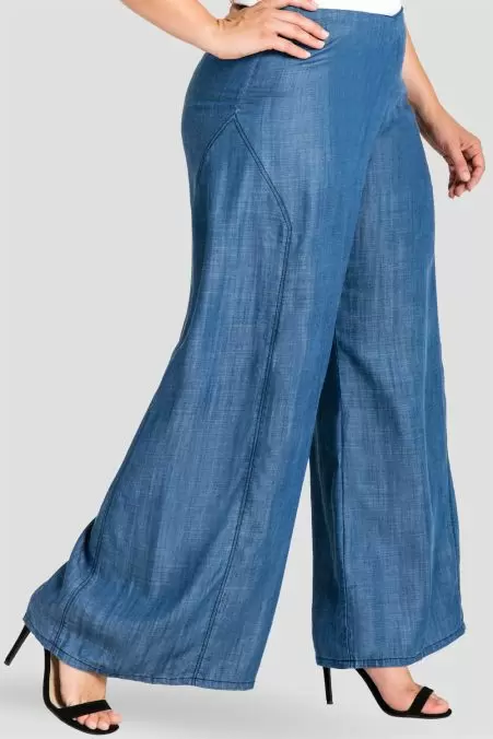 Women Elastic Waist Denim Jean Tencel Pants Pull On Wide Leg Jeans