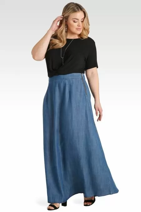 Standards Practices Plus Size High-Waisted Denim A-Line Maxi -