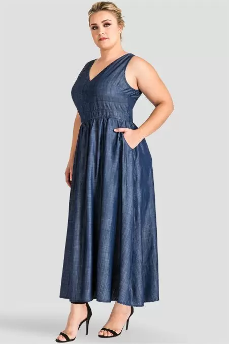 Buy Plus Size Denim Maxi Dress with Tie-up at the Waist