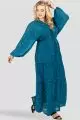 Plus Size Standards & Practices Women's Curvy Fit Blue Floral Maxi Deep V-Neckline Drawstring Velvet Trim Dress