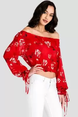 Marina Off Shoulder Tie Sleeve Red Blouse