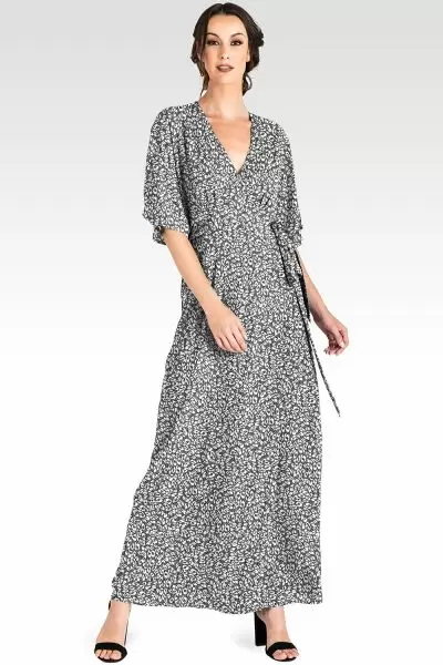 Olivia Smoke Leopard Print Kimono Wrap Maxi Dress