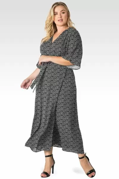 Plus Size Olivia Kimono Wrap Maxi Dress - Polka Dots