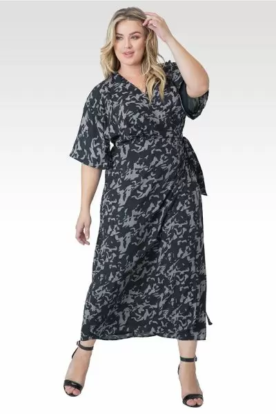 Plus size Wrap Dress in Blue Camo Kimono Sleeve & Cinched Waist