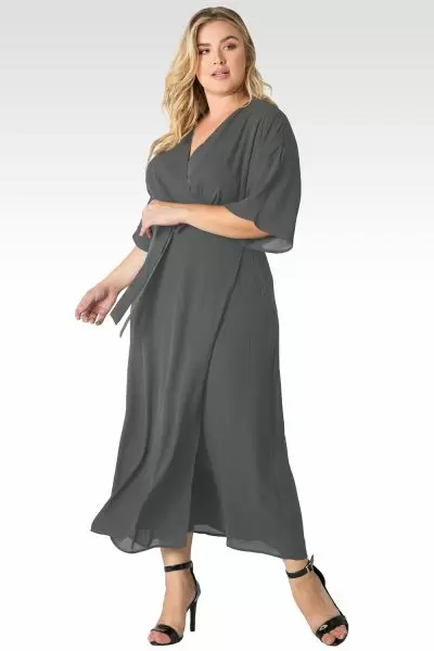 Plus Size Olivia Smoke Grey Kimono Wrap Maxi Dress