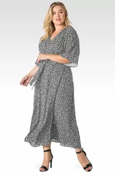 Plus Size Olivia Smoke Leopard Print Kimono Wrap Maxi Dress