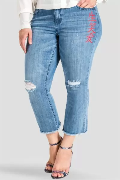 plus size ripped cropped bootcut jeans with chinese characters