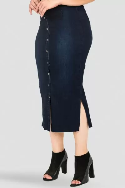 Plus Size Standards & Practices Curvy Fit Indigo Denim Snap Button Up Midi Pencil Skirt - Frayed Hem