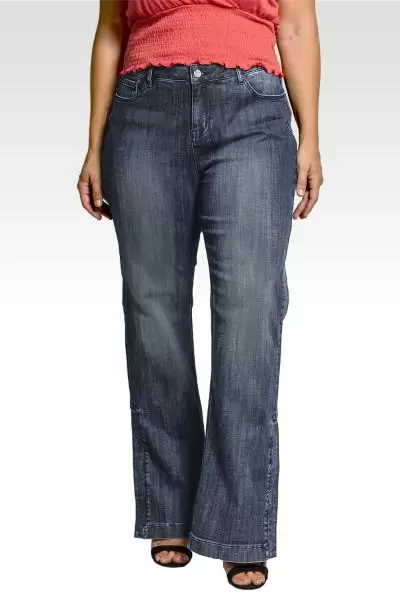Rainie Plus Size Stretch Denim High-Waist Slit Hem Jeans Whisker Wash