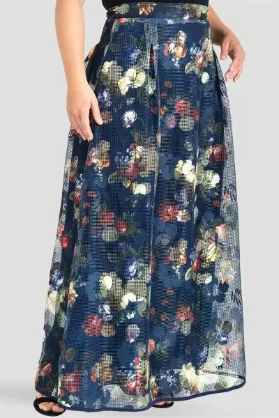Plus Size Midgnight Blue Floral Mesh / Fishnet Pleated Full-Length Skirt 