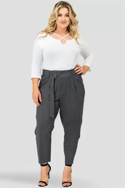 Plus Size Marina Charcoal Gray Paper Bag Waist Suiting Pants - Vegan Leather Athletic Stripe-full