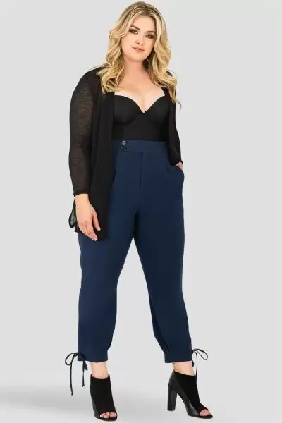 Plus Size Standards & Practices Curvy Fit Robie Double-Button High Waist Midnight Blue Ankle Tie Cuff Trousers