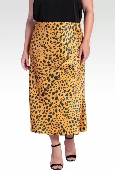 Izar Women's Plus Size Silky Sateen Leopard Print Midi Skirt