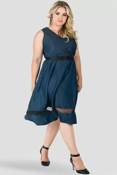 Plus Size Sleeveless V-Neck A-Line Denim Tencel Dress with Black Sheer Mesh