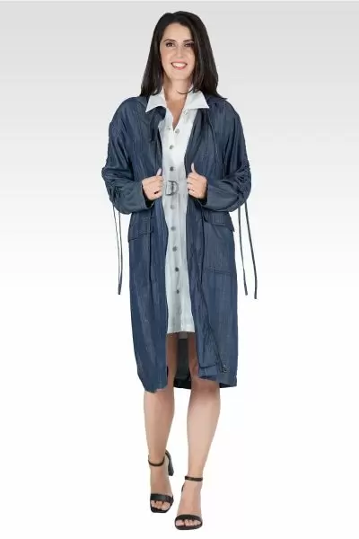 Standards & Practices Women's Indigo Denim Tencel Hooded Long Anorak Jacket-1