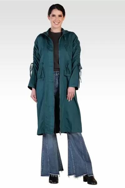 Standards & Practices Women's Forest Green Denim Tencel Hooded Long Anorak Jacket-3