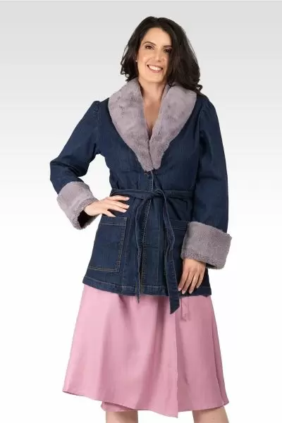 Emily Women's Tie Robe Detachable Faux Fur Denim Jacket