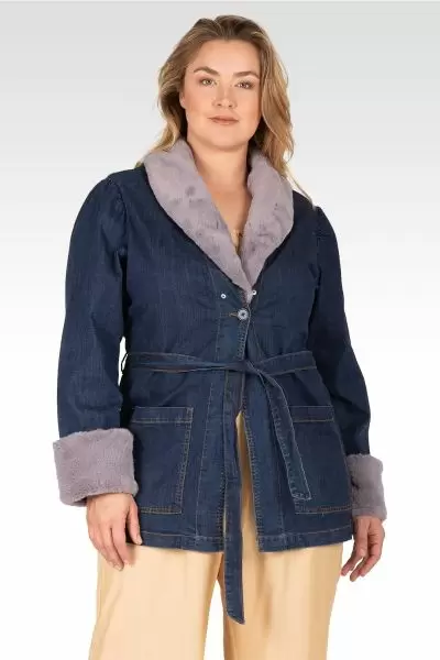 Emily Women's Plus Size Tie Robe Detachable Faux Fur Denim Jacket