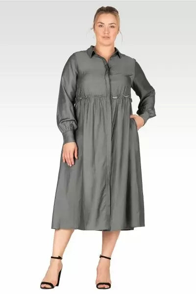 Chloe Women's Plus Size Button Front Maxi Shirt Dress With Cuffed Balloon Sleeves - Hunter