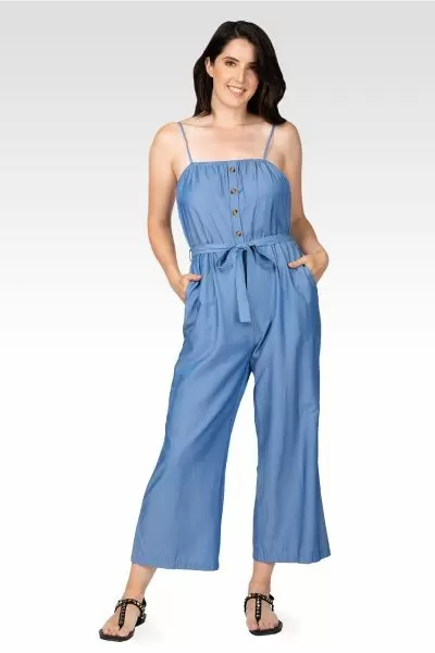 Charli Women's Adjustable Spaghetti Strap Elastic Neckline High Waist Jumpsuit - Bleach Blue