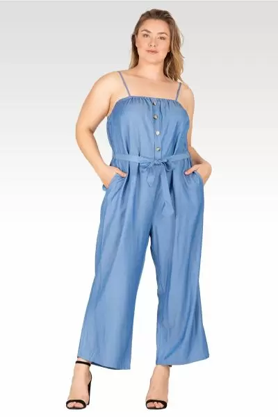 Charli Women's Plus Size  Adjustable Spaghetti Strap Elastic Neckline High Waist Jumpsuit - Bleach Blue
