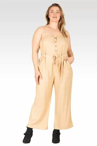 Charli Women's Plus Size  Adjustable Spaghetti Strap Elastic Neckline High Waist Jumpsuit - Khaki