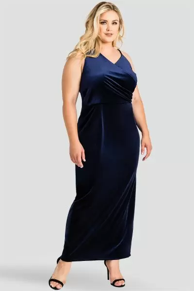 Plus Size Reagan Maxi Asymmetrical Velvet Dress - Midnight Blue Front