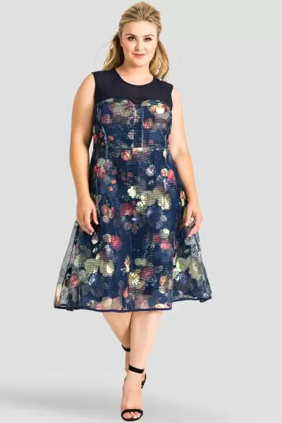 Plus Size A-Line Sleeveless Sheath Dress in Floral Print Mesh / Fishnet
