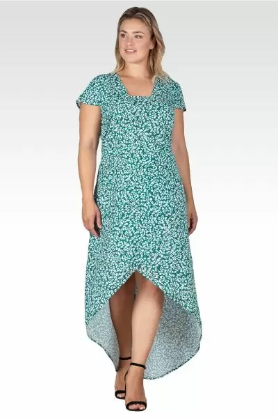 Plus Size Women's Green Leopard Print Cap Sleeve High-Low Tulip Dress