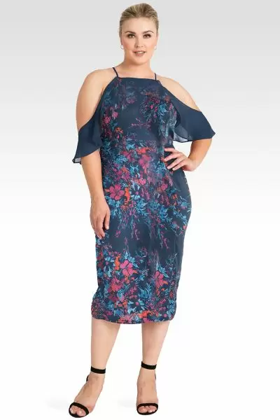 Plus Size Chiffon Flutter Sleeve Column Dress - Blue Floral
