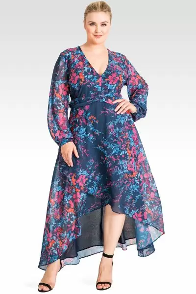Plus Size Midnight Blue Floral Print Asymmetrical Long Chiffon Dress