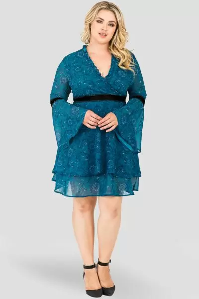 Plus Size Standards & Practices Etsy Wrap Over Flared Sleeves Tiered Skirt with Velvet Trim Dress-SIDE