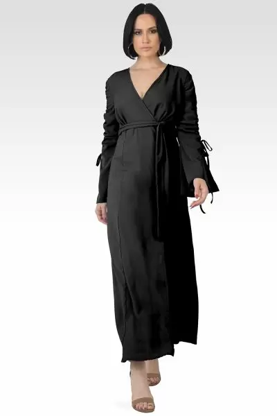 Violeta Solid Black Ruched Sleeves Wrap Maxi Dress