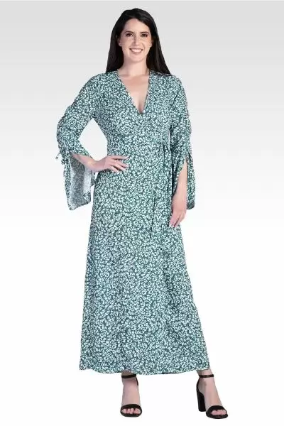 Violeta Leopard Print Ruched Sleeves Wrap Maxi Dress