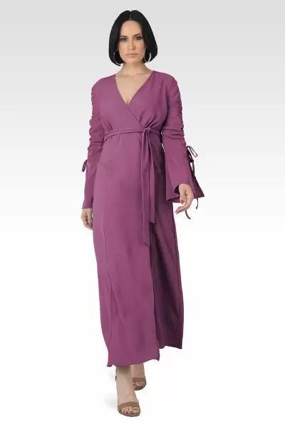Violeta Solid Raspberry Ruched Sleeves Wrap Maxi Dress