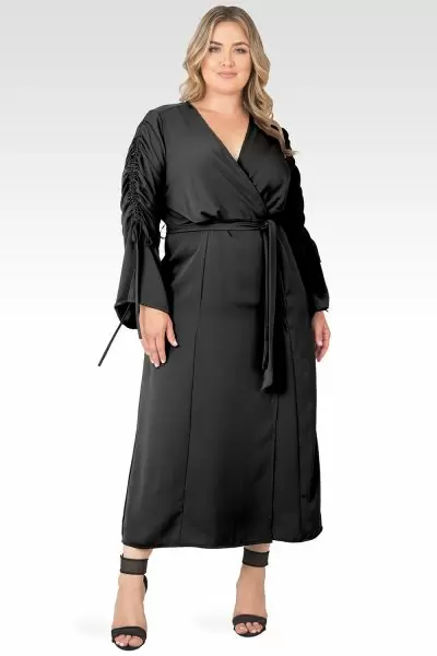 Plus Size Violeta Solid Black Ruched Sleeves Wrap Maxi Dress