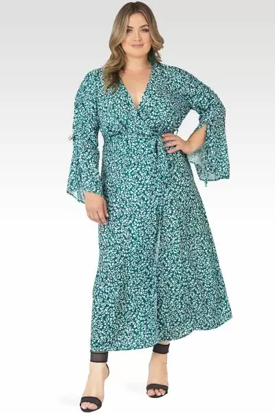 Plus Size Violeta Leopard Print Ruched Sleeves Wrap Maxi Dress