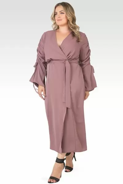 Plus Size Violeta Solid Raspberry Ruched Sleeves Wrap Maxi Dress