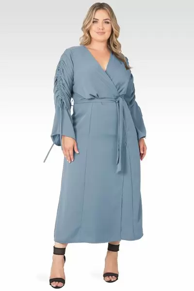 Plus Size Violeta Solid Slate Ruched Sleeves Wrap Maxi Dress