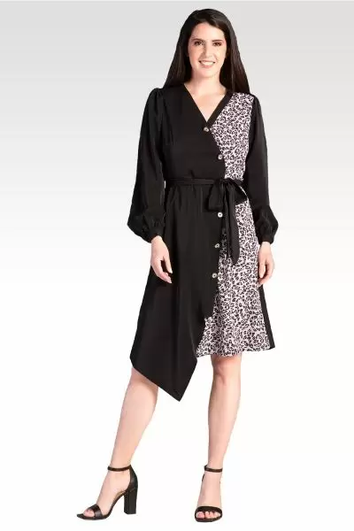 Natalia Black And Leopard Print Button-up Wrap Dress