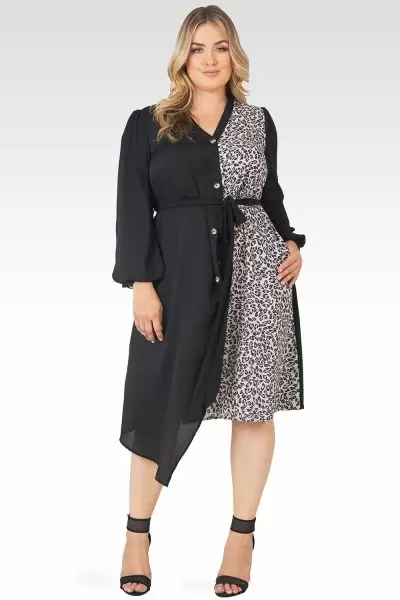 Plus Size Natalia Black And Leopard Print Button-up Wrap Dress