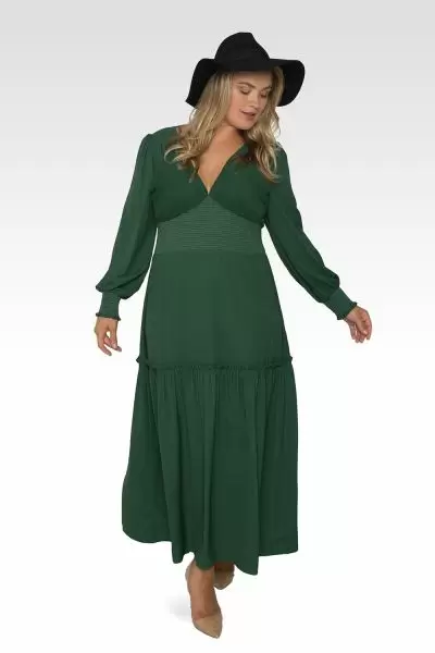 Standards & Practices Plus Size Women's Green Smocked Waist Long Sleeve Maxi Dress-1