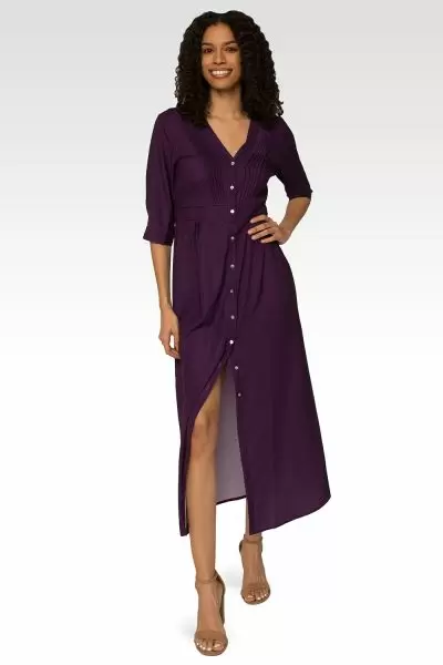 Standards & Practices Women's Deep Purple Pintuck Cuffed Short Sleeve Maxi Dress-4