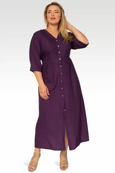Standards & Practices Plus Size Women's Deep Purple Pintuck Cuffed Short Sleeve Maxi Dress-1