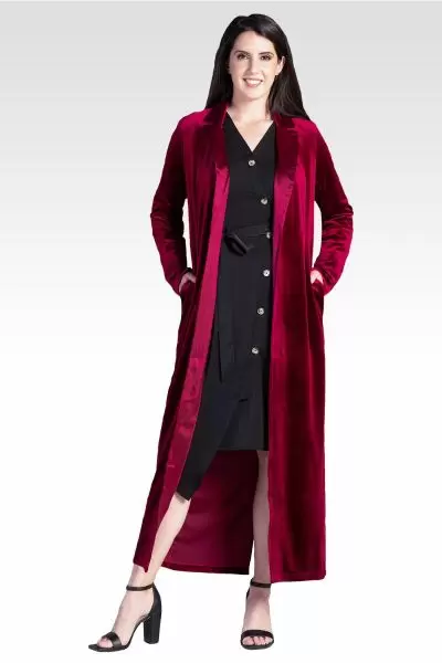 Freya Deep Red Stretch Velvet Wrap Midi Coat Dress With Satin Lapel And Satin Belt