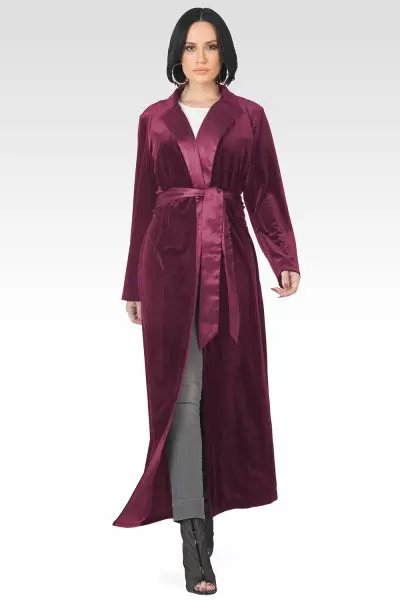 Freya Rose Stretch Velvet Wrap Midi Coat Dress With Satin Lapel And Satin Belt