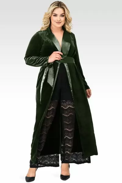 Plus Size Freya Green Stretch Velvet Wrap Midi Coat Dress With Satin Lapel And Satin Belt