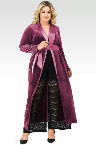 Plus Size Freya Rose Stretch Velvet Wrap Midi Coat Dress With Satin Lapel And Satin Belt